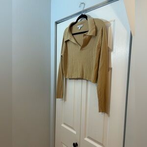 And Now This Ribbed Cropped Polo Sweater 2X Tan Long Sleeve